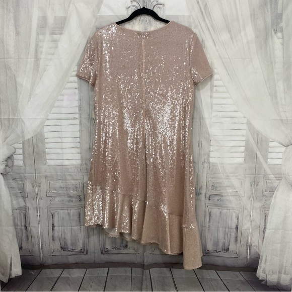 Eliza J Size 18 Blush Pink Sequin Asymmetric Ruffle Hem Short Sleeve Dress NEW - Picture 11 of 11